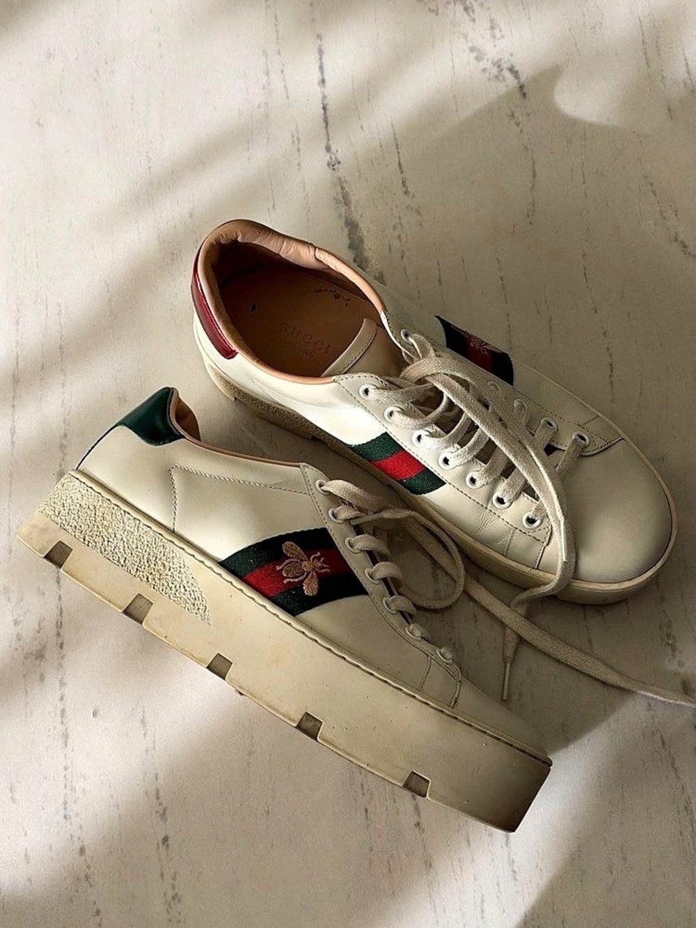 Gucci Ace Womens Platform Sneaker with Bee White & Green